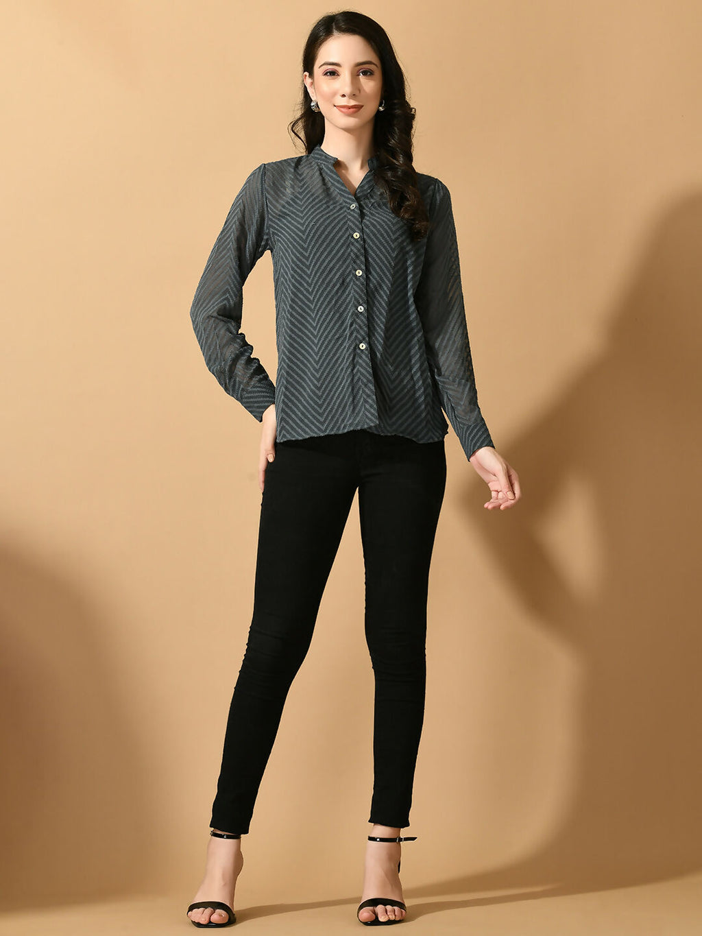 Myshka Women's Grey Georgette Solid Sheer Shirt | Grocsy