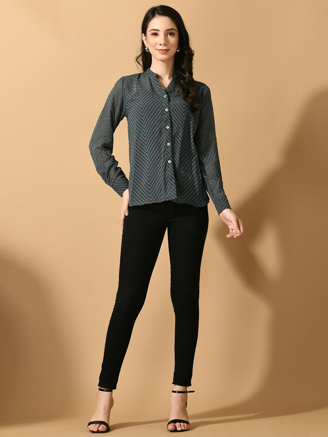 Myshka Women's Grey Georgette Solid Sheer Shirt | Grocsy