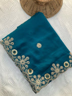 Teeya Creation New Trendy Party Wear Soft Satin Chiffon Saree-Teal | Grocsy