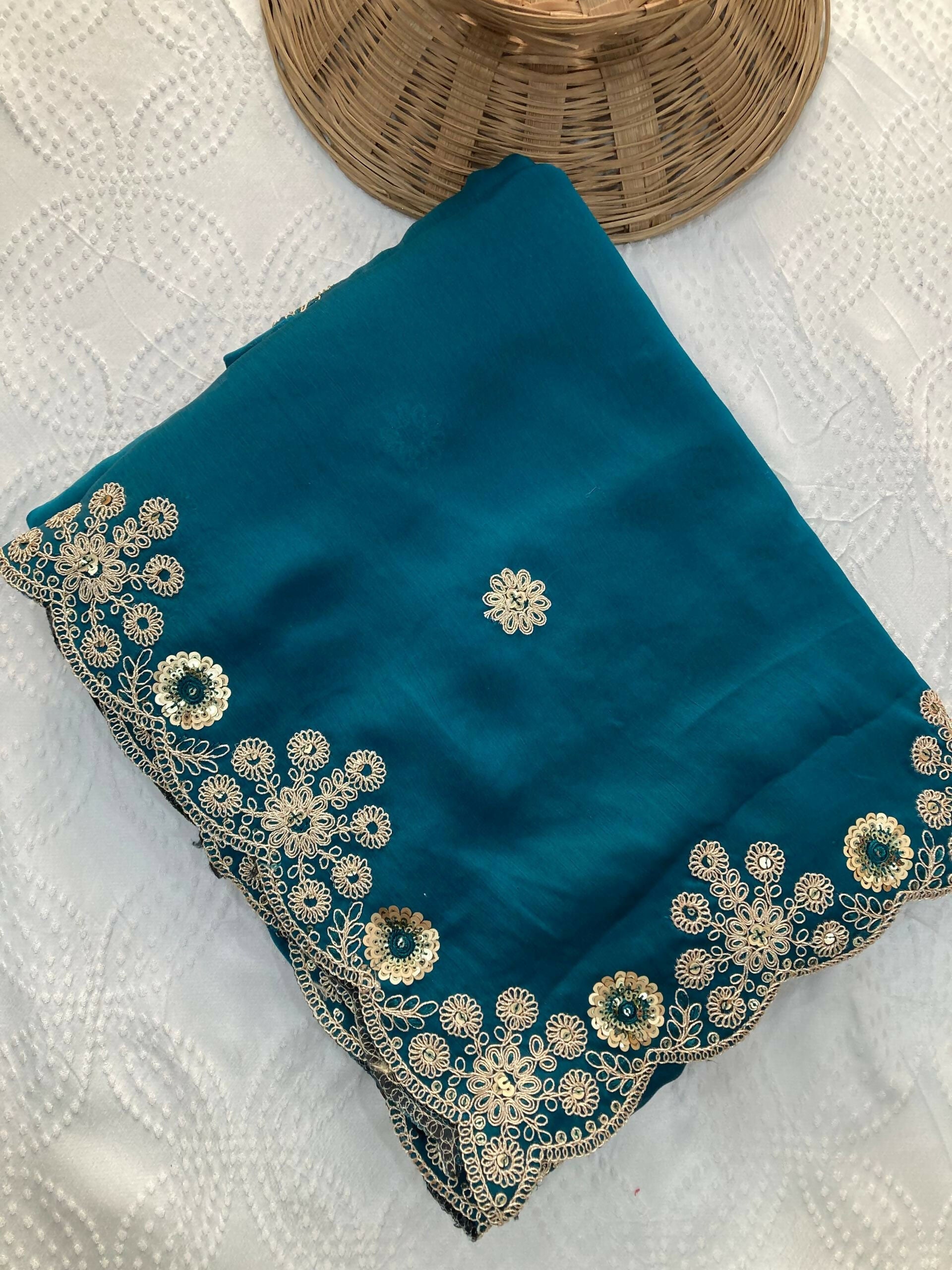 Teeya Creation New Trendy Party Wear Soft Satin Chiffon Saree-Teal | Grocsy