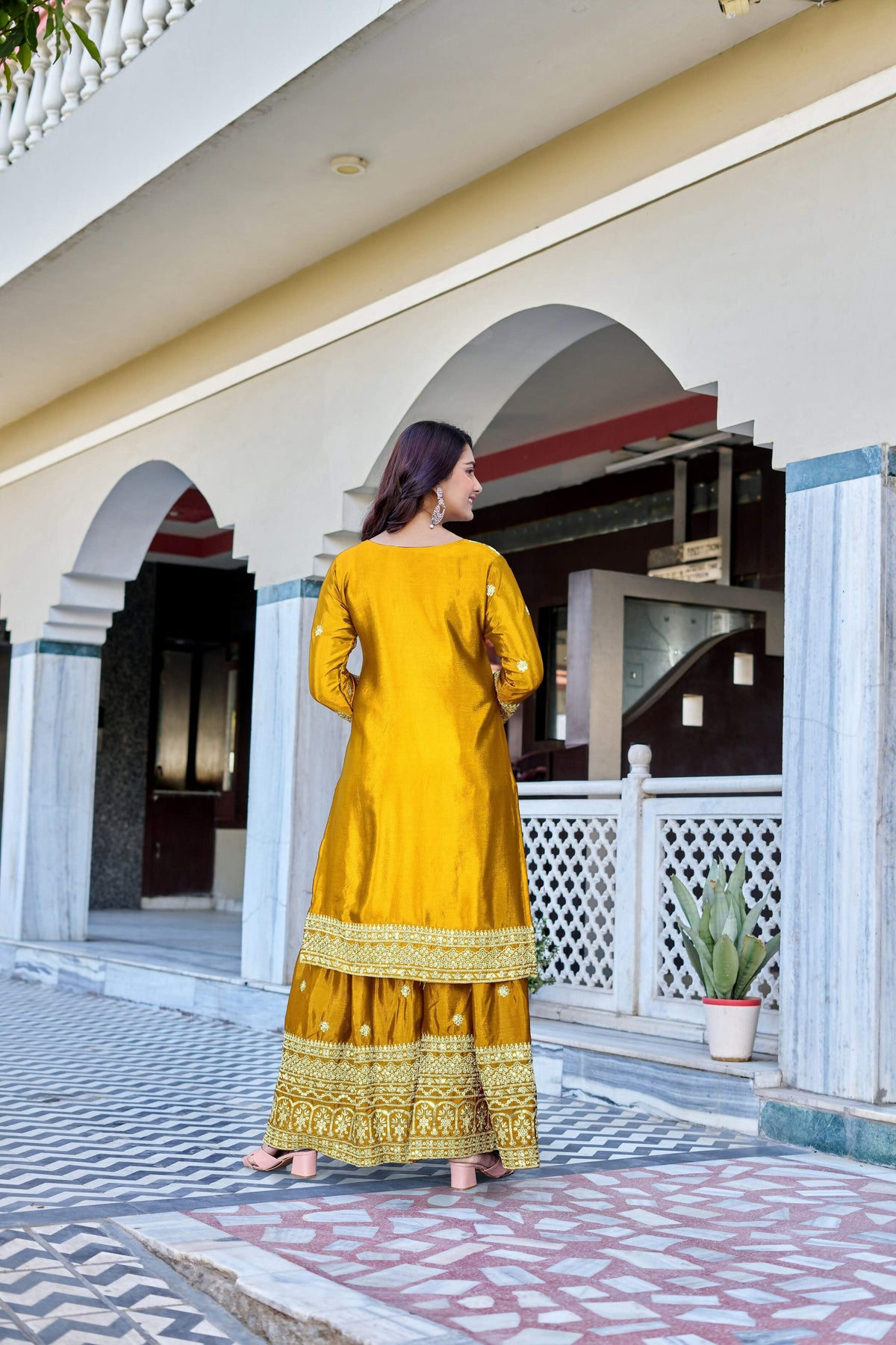 Teeya Creation Yellow Color Chinon Silk Heavy Embroidery Work Wedding Wear Sharara | Grocsy