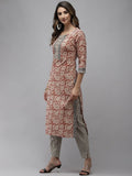 Yufta Women Beige And Rust Printed Kurta with Trouser & With Dupatta | Grocsy
