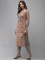 Yufta Women Beige And Rust Printed Kurta with Trouser & With Dupatta | Grocsy