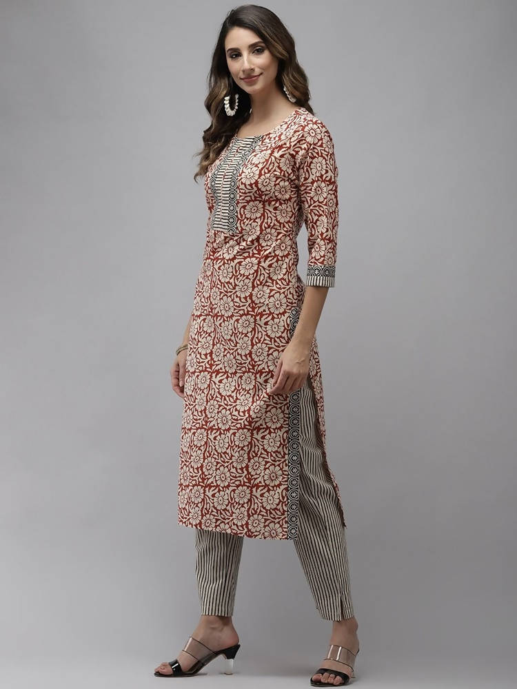 Yufta Women Beige And Rust Printed Kurta with Trouser & With Dupatta | Grocsy