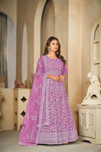 Jyoti Fashion Women's Purple Net Embroidered Anarkali Kurta Pant Set With Dupatta | Grocsy
