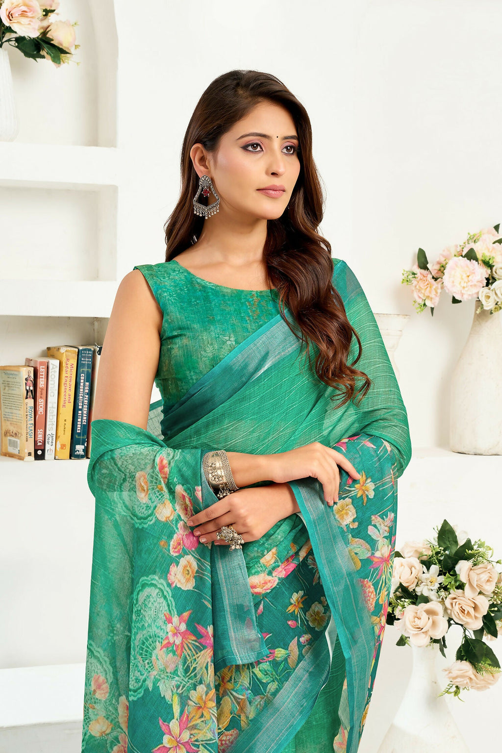 Joban Fashion Rama Green Floral Linen Ready To Wear Saree With Unstitched Blouse | Grocsy