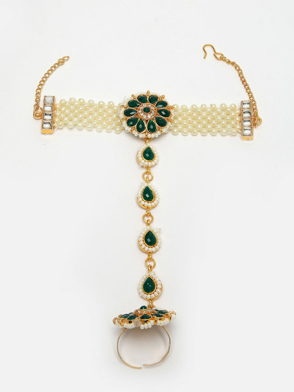 NVR Women's Green Gold-Polished Stone Studded Handcrafted Ring Bracelet | Grocsy