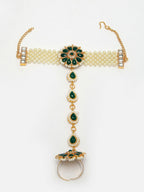 NVR Women's Green Gold-Polished Stone Studded Handcrafted Ring Bracelet | Grocsy