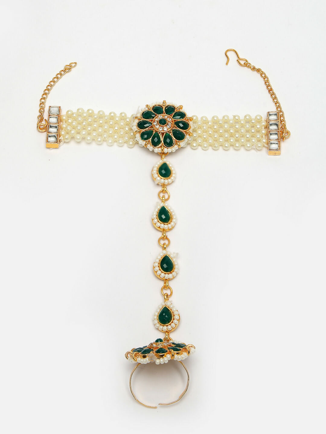NVR Women's Green Gold-Polished Stone Studded Handcrafted Ring Bracelet | Grocsy