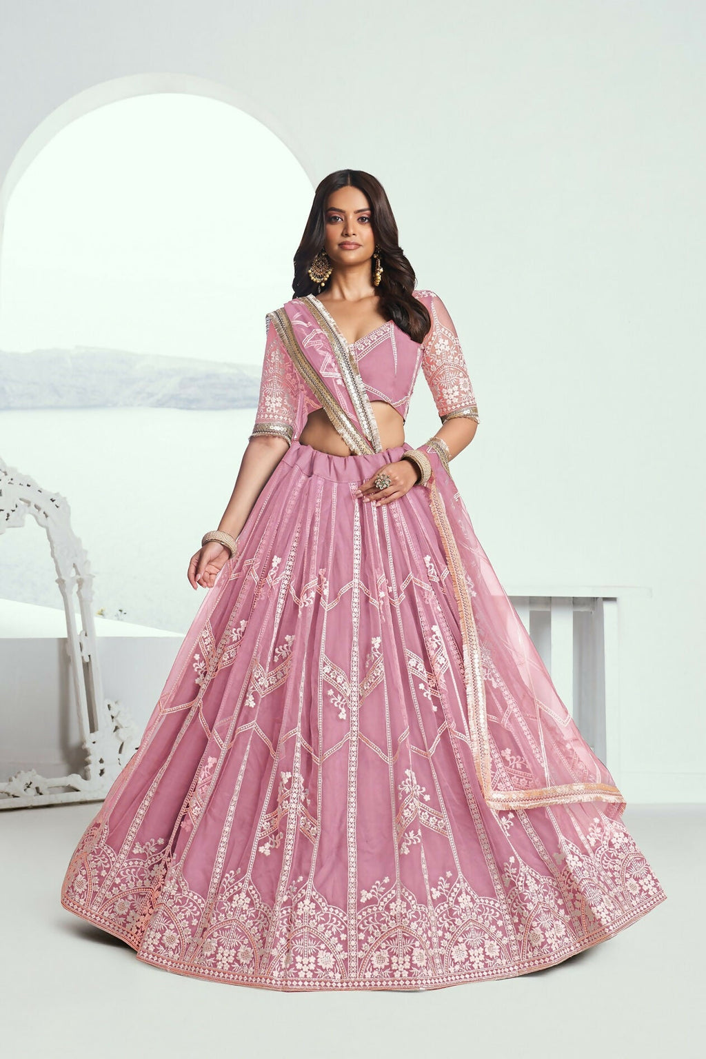 Eilara Glamorous Pink Thread Embroidered Work Net Wedding Lehenga Choli | Grocsy