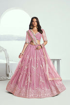 Eilara Glamorous Pink Thread Embroidered Work Net Wedding Lehenga Choli | Grocsy