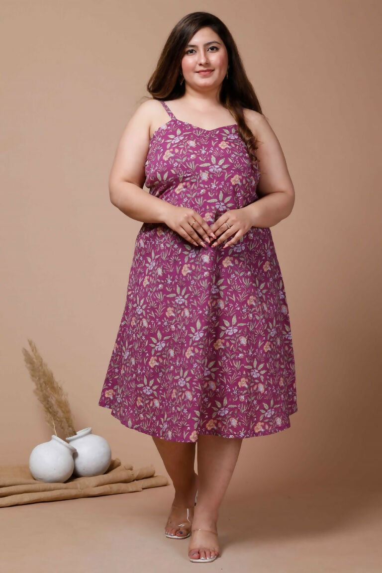 Miravan Women's Plus Size Purple Floral Printed Shoulder Strap Midi Dress | Grocsy