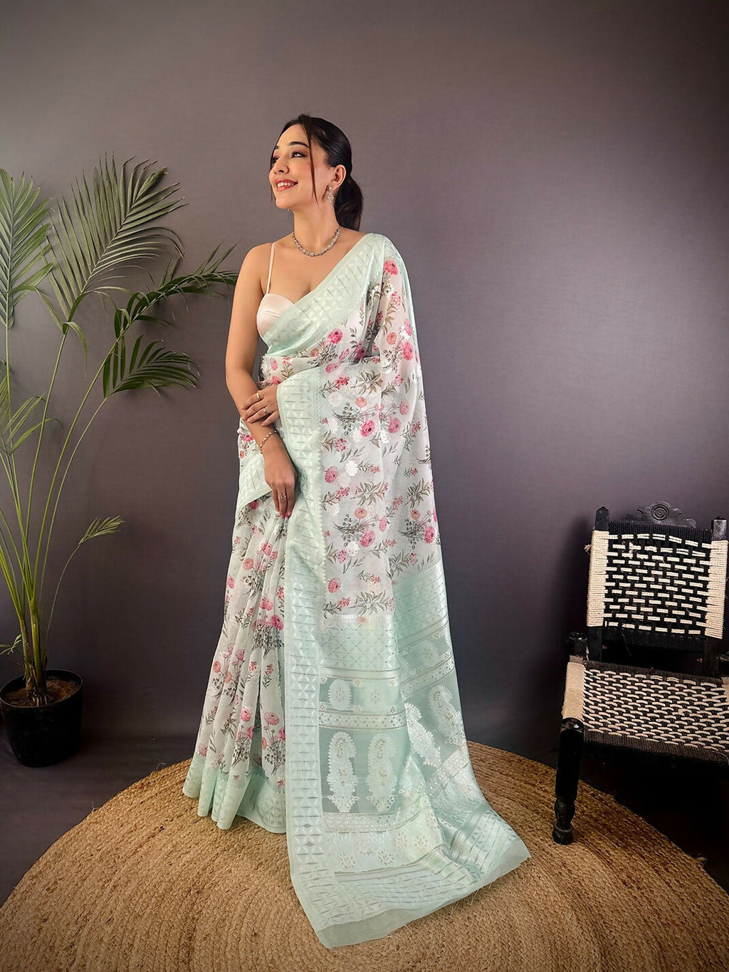 Joban Fashion Sky Blue Floral Motifs Banarasi Silk Sarees | Grocsy