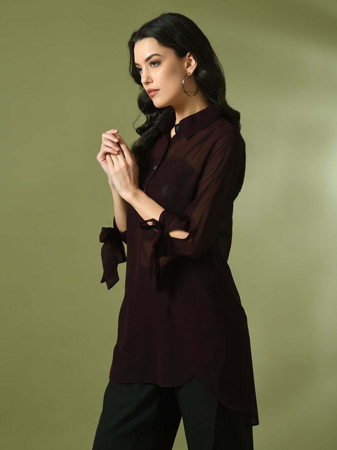 Myshka Women's Coffee Brown Solid Georgette Longline Party Sheer Tunic | Grocsy