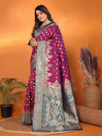 Joban Fashion Banarasi Magenta Woven Soft Silk Saree | Grocsy