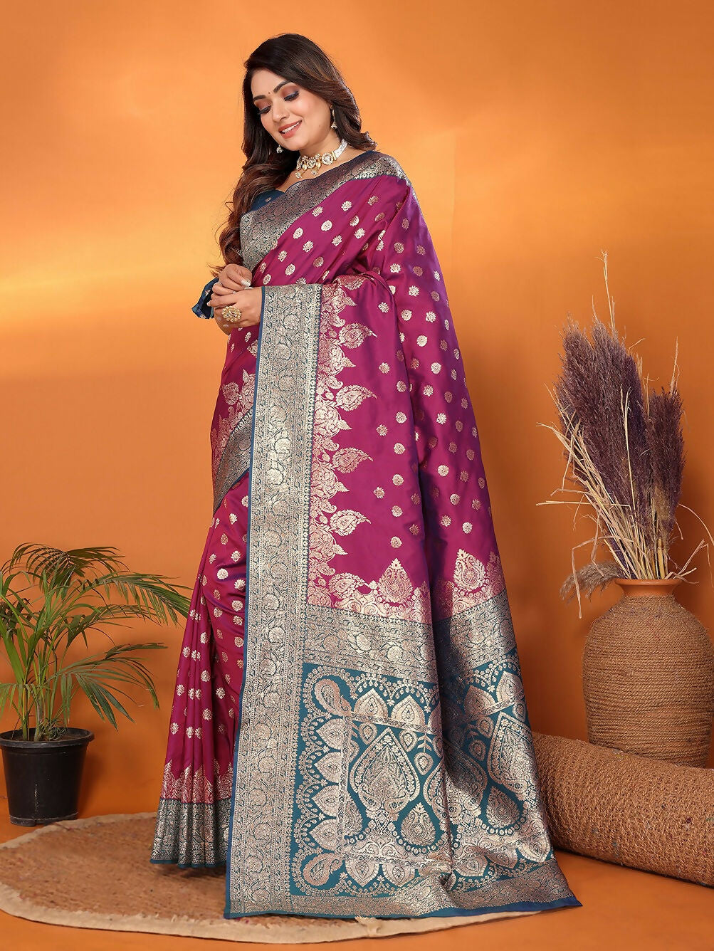 Joban Fashion Banarasi Magenta Woven Soft Silk Saree | Grocsy