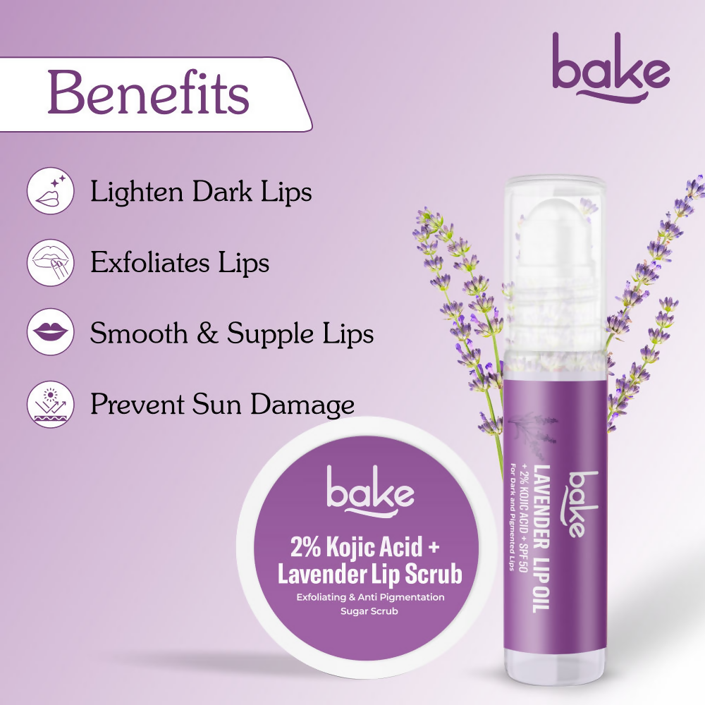 Bake Kojic Acid Lavender Lip Kit With Lip Balm SPF 50 & Lip Scrub For Dark & Pigmented Lips | Grocsy
