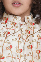 Little Bansi Banarsi Red Tulip Embroidery Jacket With Cotton Kantha kurta And Kantha Dhoti - Cream | Grocsy