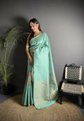 Joban Fashion Light Blue Banarasi Soft Lichi Silk Checks & Woven Saree | Grocsy