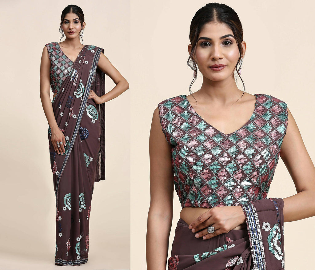 Brown Pure Georgette Sequence work Ready to wear Saree with stitched Blouse - Nirvana | Grocsy