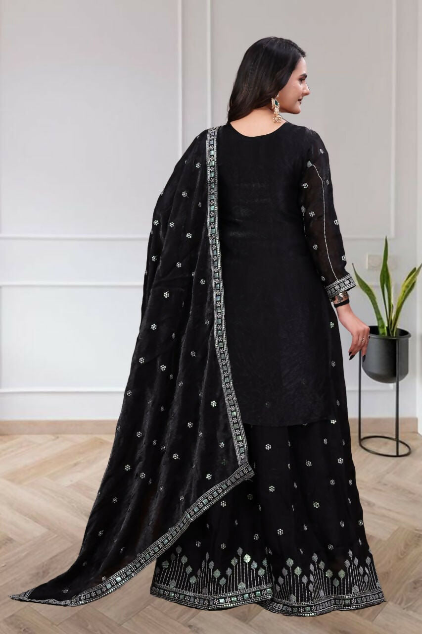 Teeya Creation Womens Trendy Black Silk Blend Embroidered Kurta And Sharara Suit Set With Dupatta | Grocsy