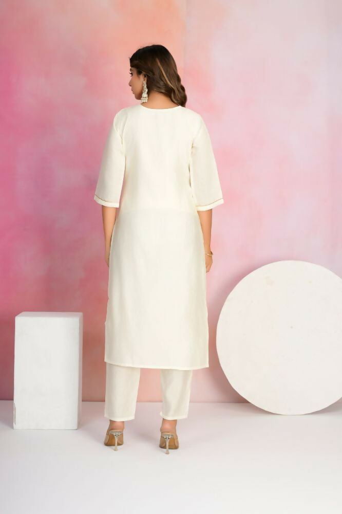 Ethnic Festive Wear Viscose Chanderi Off White Stitched Suit With Dupatta - Tanisha | Grocsy