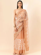 Peach Organza Floral Embroidered Saree with Unstitched Blouse Piece - Roozal | Grocsy