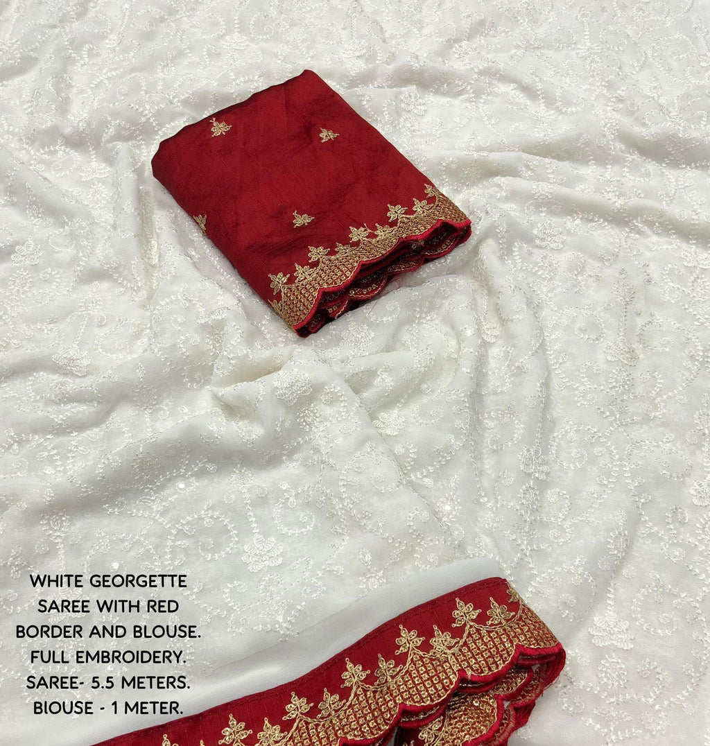 White Pure Georgette Woven Design Saree with Unstitched Blouse - Hiral Fashion | Grocsy