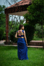 Amodini Designer Studio Women's Blue Chinon Lehriya Sleeveless Blouse | Grocsy