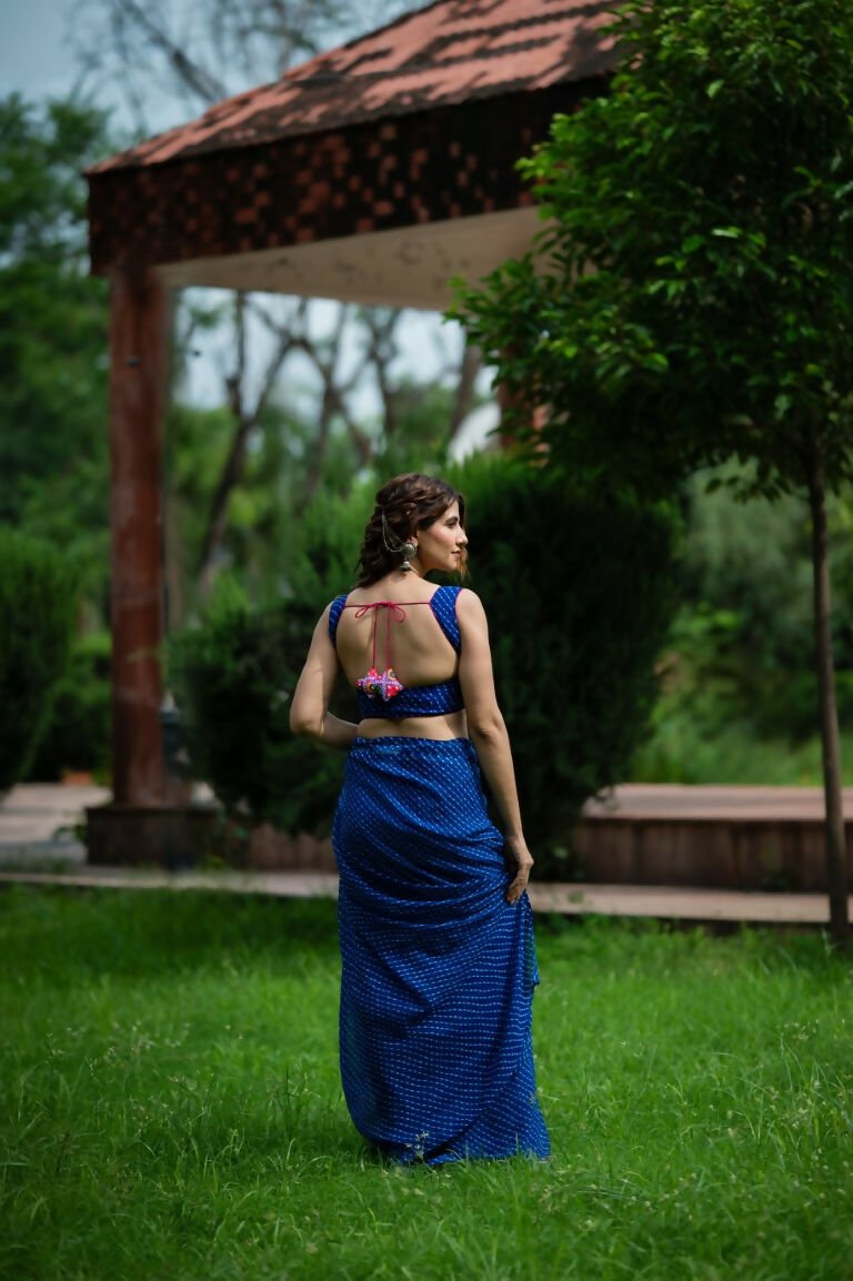 Amodini Designer Studio Women's Blue Chinon Lehriya Sleeveless Blouse | Grocsy