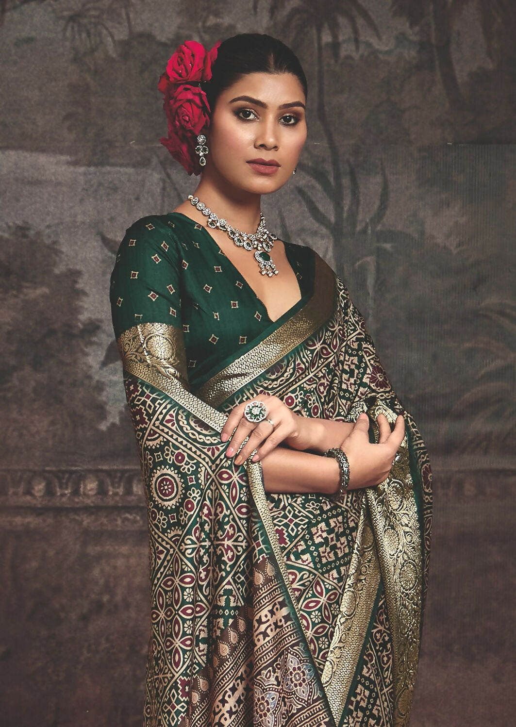 Joban Fashion Green Art Silk With Fine Viscose Border Ajrak Full Body Print With Soft Finish Saree | Grocsy