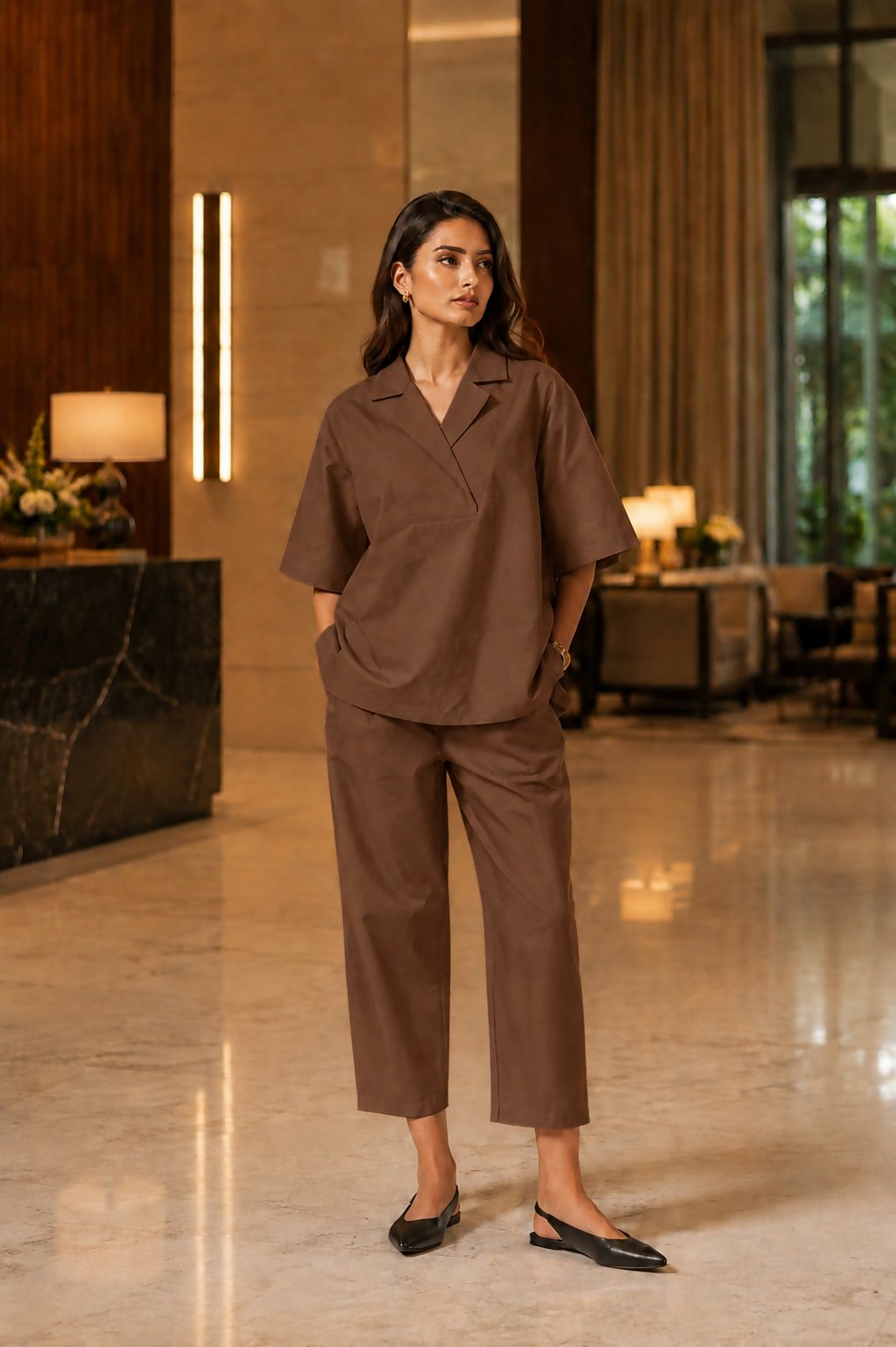 Aayaa Designer Pure Cotton Cord Set-Brown | Grocsy