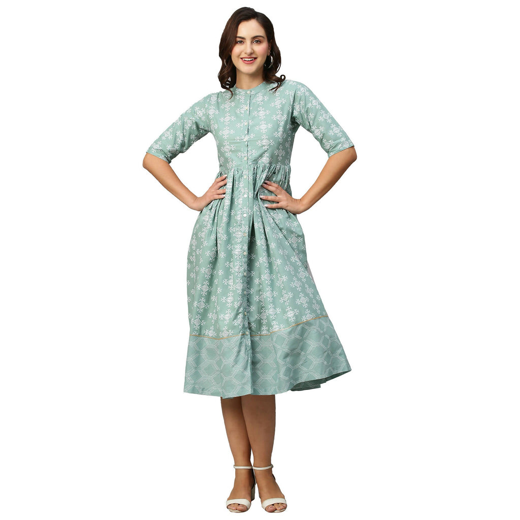 Green & Off-White Ethnic Motifs Printed Cotton A-Line Dress - Poonam | Grocsy