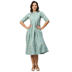 Green & Off-White Ethnic Motifs Printed Cotton A-Line Dress - Poonam | Grocsy