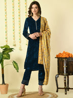 Myshka Women's Teal Velvet Kurta & Trousers With Dupatta Party Sets | Grocsy