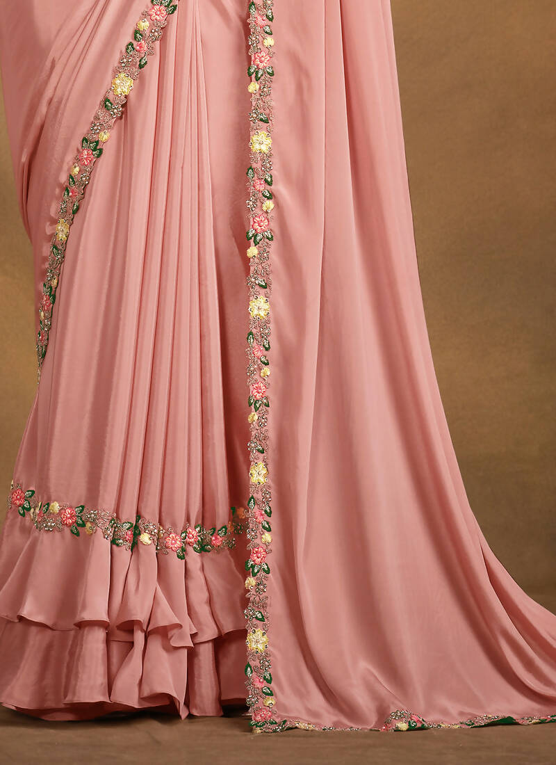 Pink Crepe Georgette Silk Designer Saree with Unstitched Blouse - Norita Mahitha | Grocsy
