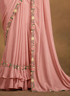 Pink Crepe Georgette Silk Designer Saree with Unstitched Blouse - Norita Mahitha | Grocsy