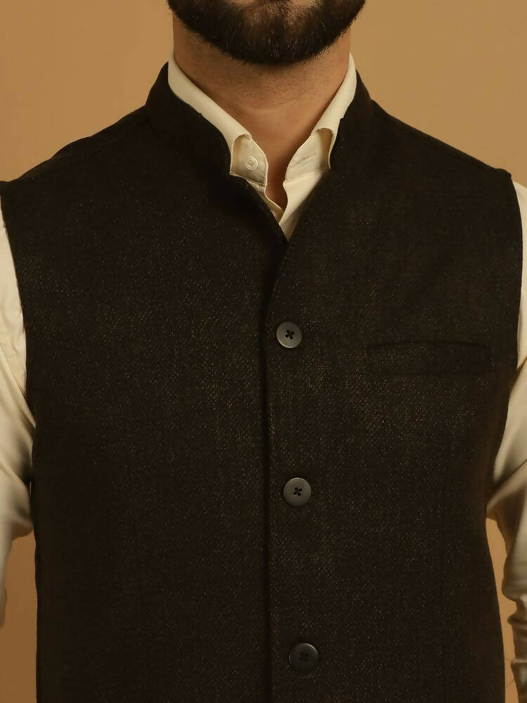 Even Apparels Pure Wool Nehru Jacket - Brown | Grocsy