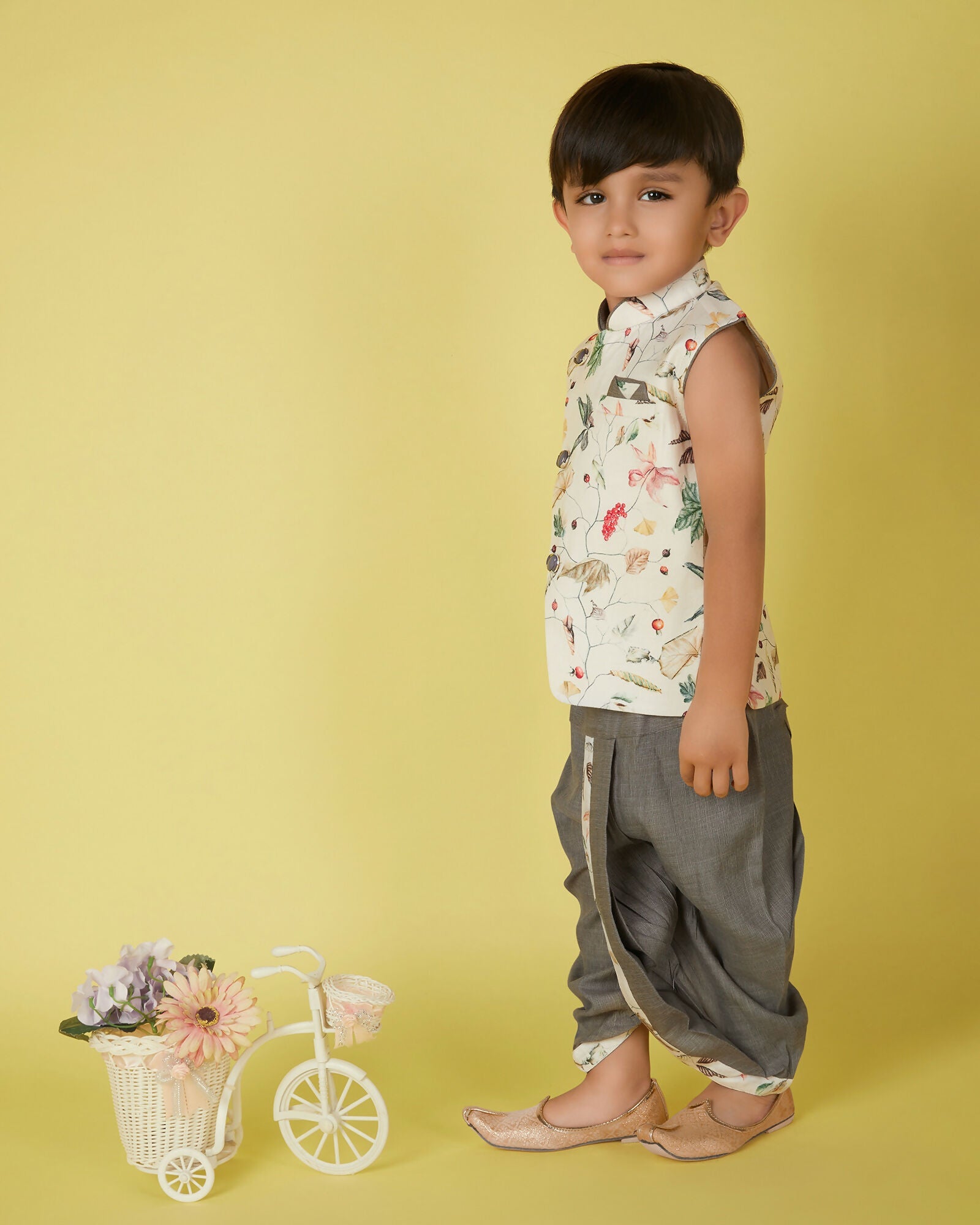 Joban Fashion Kids Island Cotton Sleeveless printed Kurta and Solid Dhoti - Cream | Grocsy