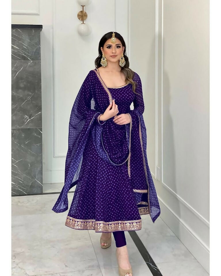 Teeya Creation Purple Color Bandhani Print With Embroidery Work Functional Wear Gown | Grocsy
