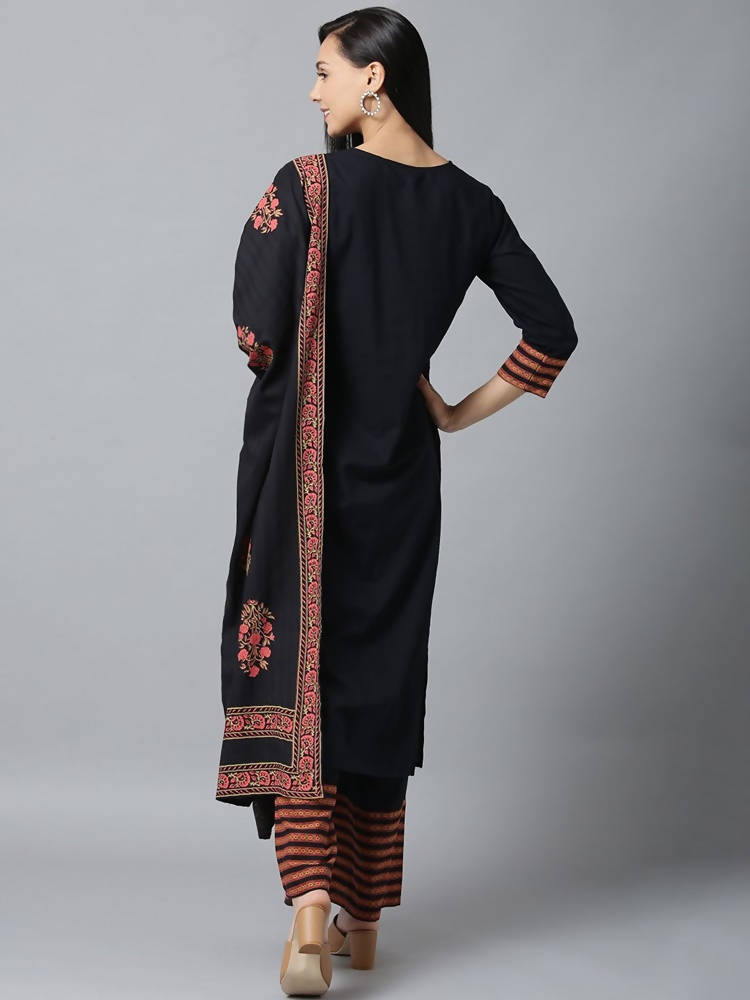 Yufta Women Black & Pink Yoke Design Kurta with Palazzo & Dupatta | Grocsy