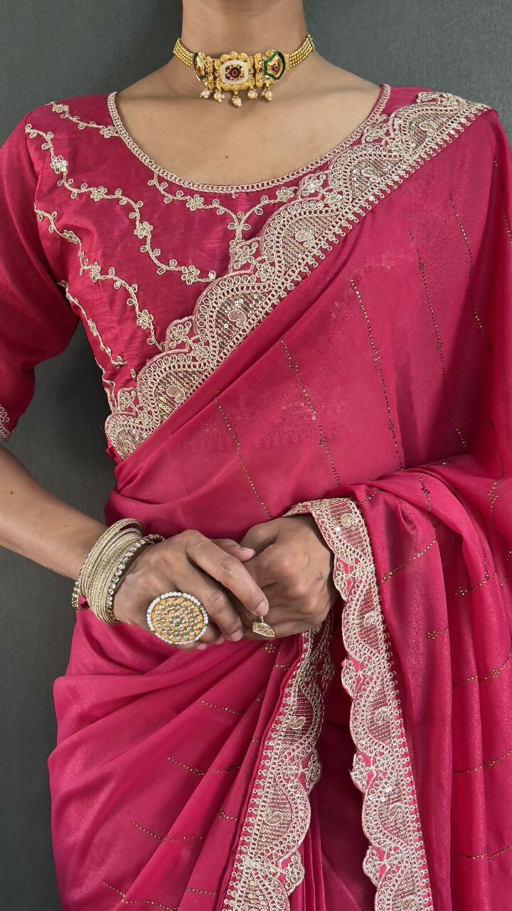 Vastranavya Pink Georgette Silk Swarovski & Heavy Lace Work Ready to Wear Saree | Grocsy
