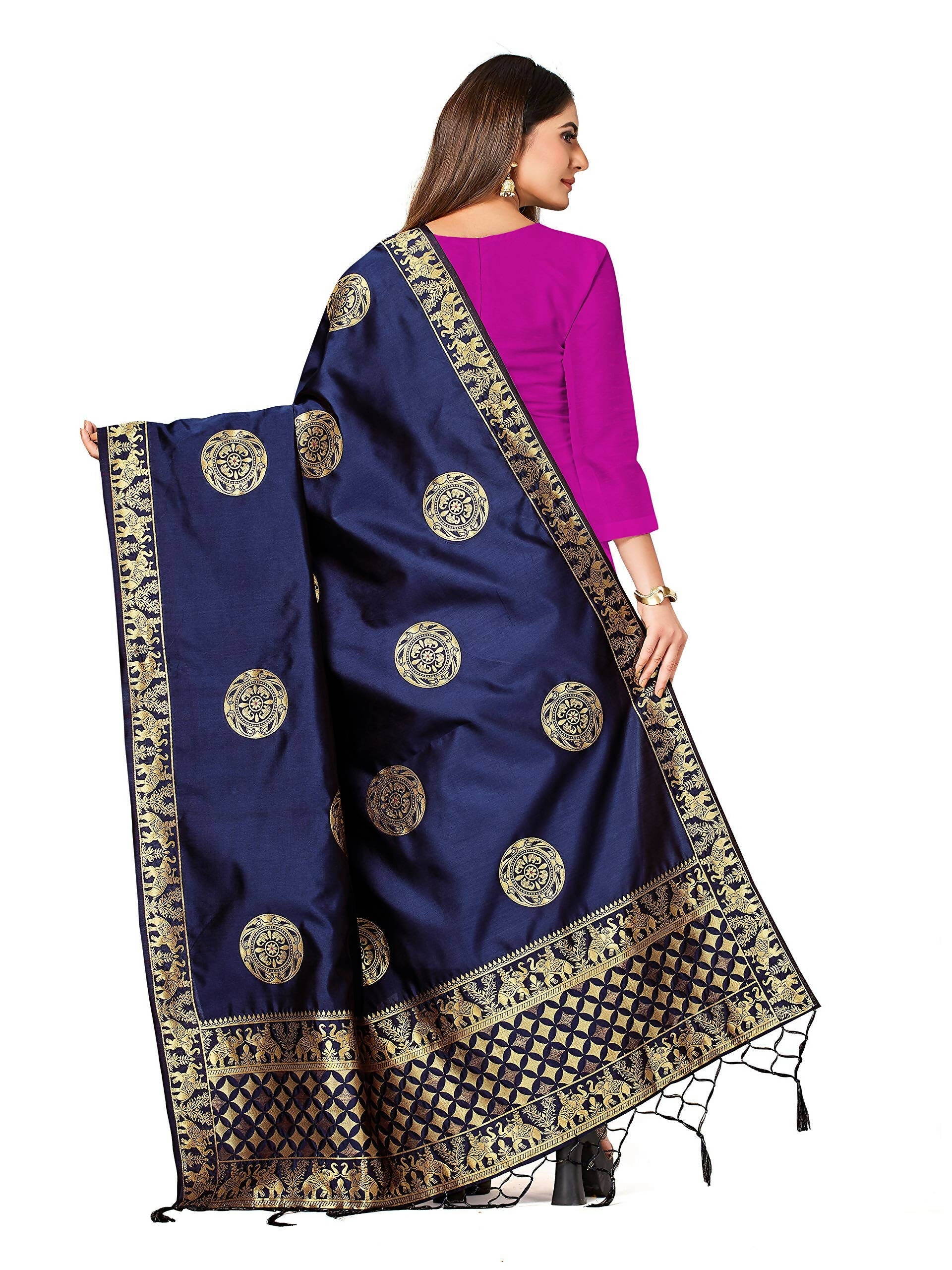 Mimosa Women's Banarasi Art Silk Navy Dupatta | Grocsy