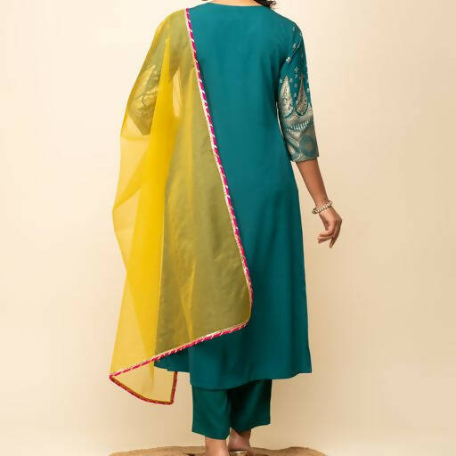 FIORRA Women's Teal Blue Crepe A-Line Kurta Pant with Dupatta | Grocsy