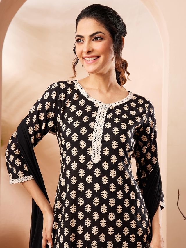 Janasya Black Straight Cotton Kurta,Bottom & Dupatta | Grocsy
