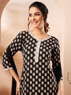 Janasya Black Straight Cotton Kurta,Bottom & Dupatta | Grocsy