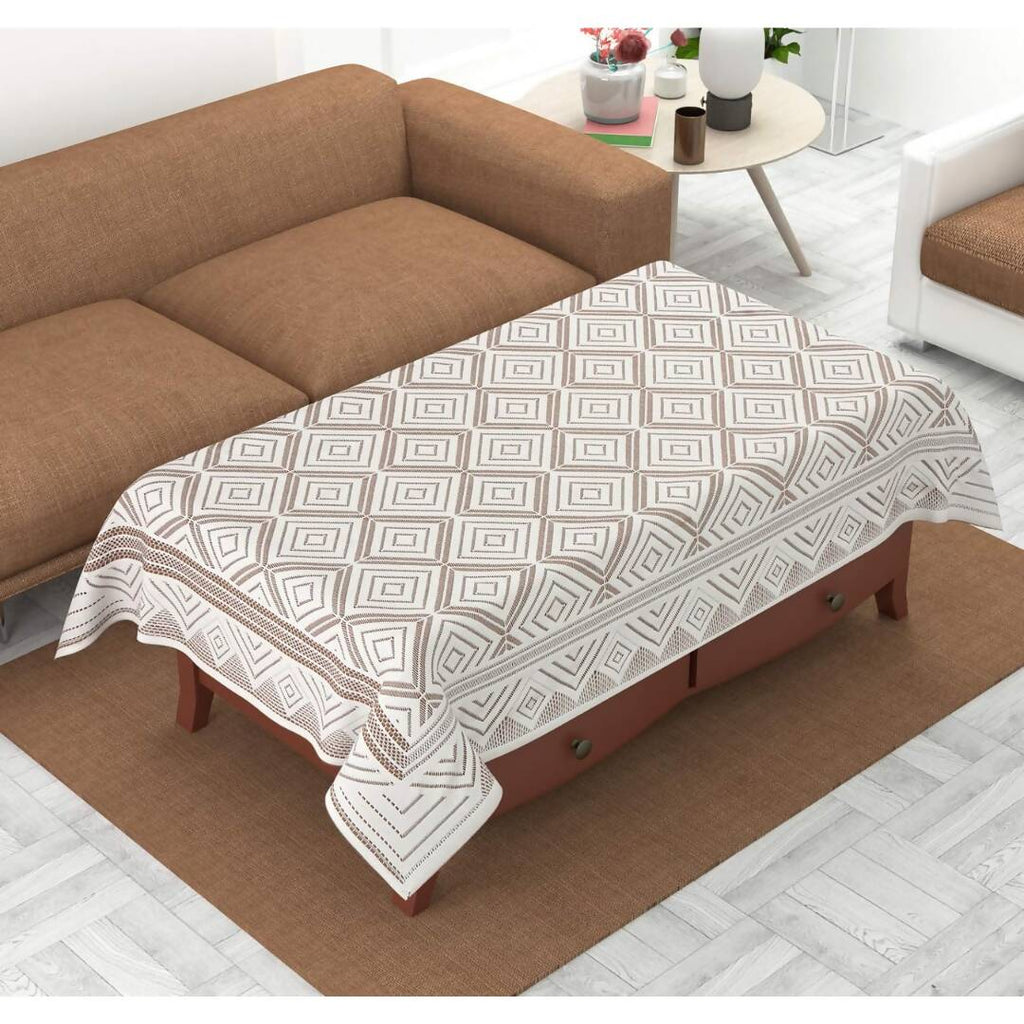 Yellow Weaves Cotton Geometric Designer Net Rectangular Center 4 Seater Table Cover - Off White | Grocsy