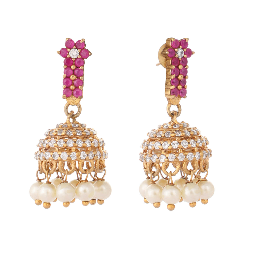 Nuyug 22K Gold Plated Pearl 7 Colored Stone Studded Contemporary Shaped Pink Mini Jhumkas | Grocsy