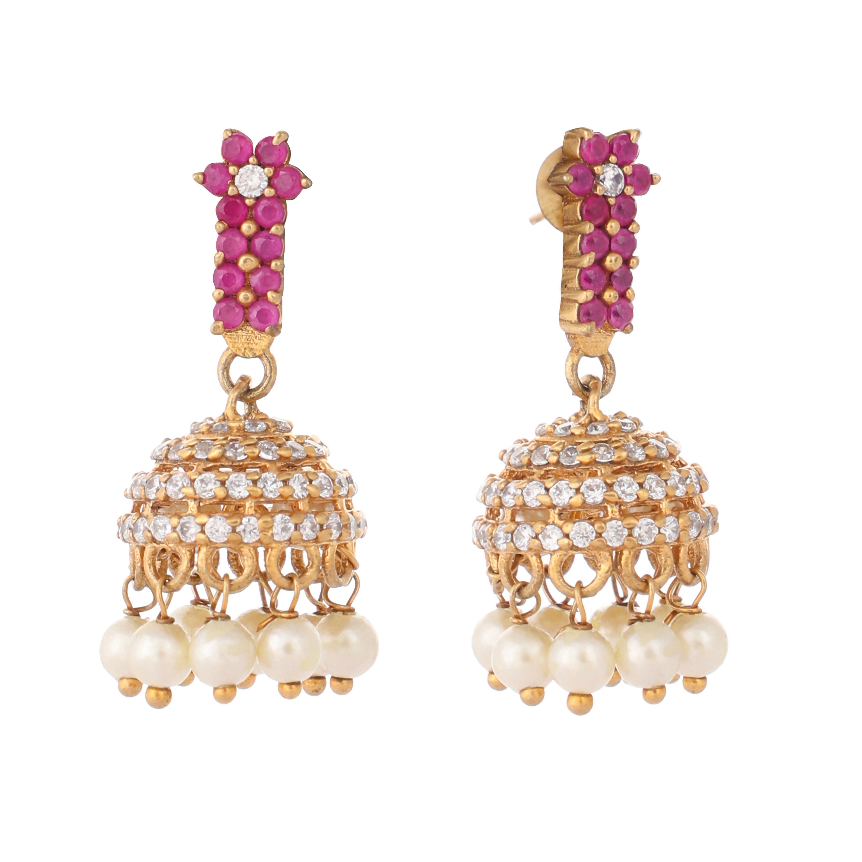 Nuyug 22K Gold Plated Pearl 7 Colored Stone Studded Contemporary Shaped Pink Mini Jhumkas | Grocsy