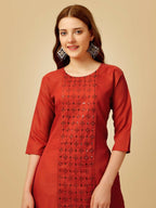 Jyoti Fashion Women's Rust Cotton Blend Embroidered Kurta Pant Set | Grocsy